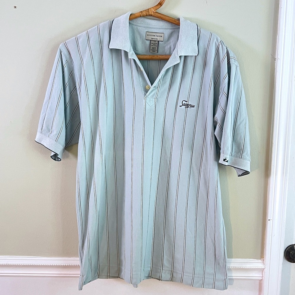 Cutter & Buck Polo Shirt Mens L Quick Dry Striped Sawgrass Blue Golf Athletic